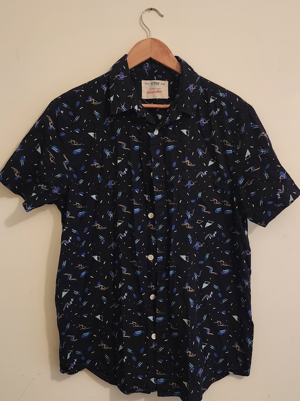 urban pipeline Navy Short-Sleeve Button-Down with Blue Geometric Print